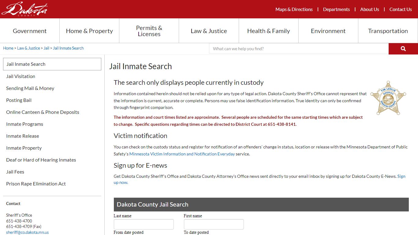 Jail Inmate Search| Dakota County
